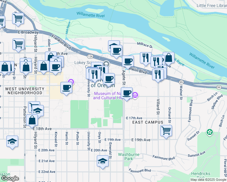 map of restaurants, bars, coffee shops, grocery stores, and more near 1587 East 15th Avenue in Eugene