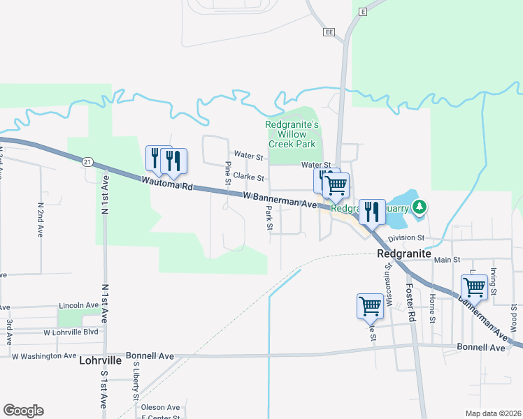map of restaurants, bars, coffee shops, grocery stores, and more near 528 West Bannerman Avenue in Redgranite