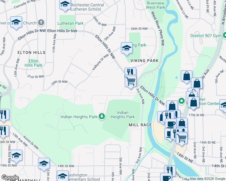 map of restaurants, bars, coffee shops, grocery stores, and more near 521 19th Street Northwest in Rochester