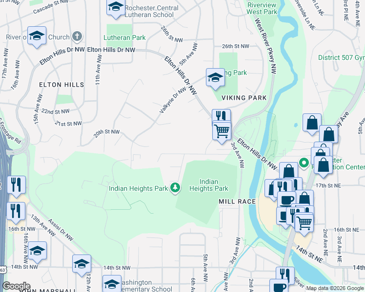 map of restaurants, bars, coffee shops, grocery stores, and more near 607 19th Street Northwest in Rochester
