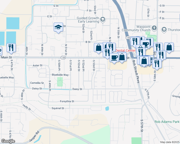 map of restaurants, bars, coffee shops, grocery stores, and more near 5295 Cynthia Court in Springfield