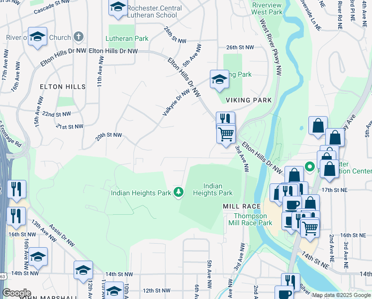 map of restaurants, bars, coffee shops, grocery stores, and more near 607 19th Street Northwest in Rochester