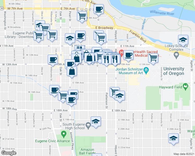 map of restaurants, bars, coffee shops, grocery stores, and more near Ferry St & E 14th Alley in Eugene
