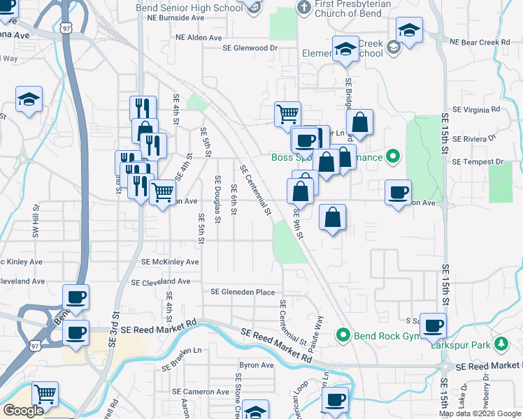 map of restaurants, bars, coffee shops, grocery stores, and more near 698 Southeast Centennial Street in Bend