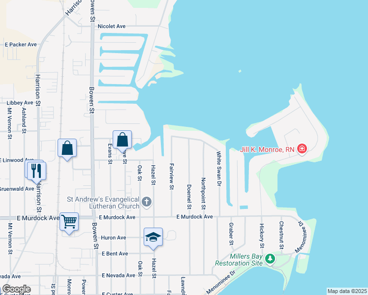 map of restaurants, bars, coffee shops, grocery stores, and more near 2300 White Swan Drive in Oshkosh