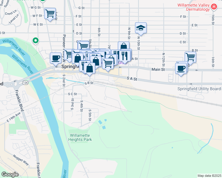map of restaurants, bars, coffee shops, grocery stores, and more near 307 South 5th Street in Springfield