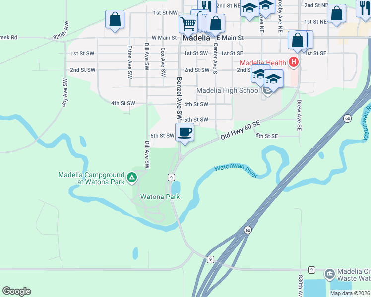 map of restaurants, bars, coffee shops, grocery stores, and more near 620 Benzel Avenue Southwest in Madelia