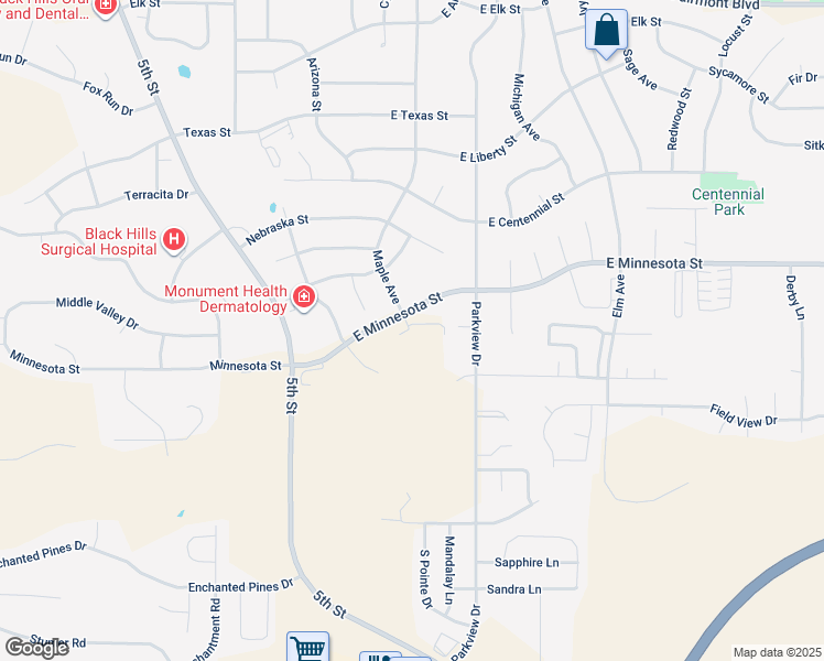 map of restaurants, bars, coffee shops, grocery stores, and more near 4023 Maple Avenue in Rapid City