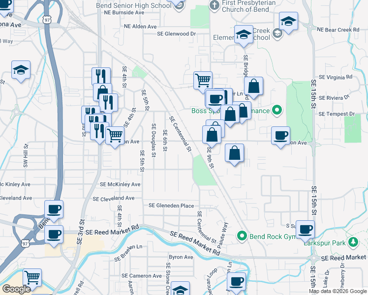 map of restaurants, bars, coffee shops, grocery stores, and more near 698 Southeast Centennial Street in Bend