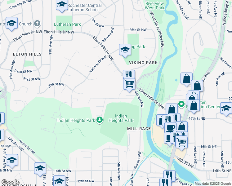 map of restaurants, bars, coffee shops, grocery stores, and more near 1923 Viking Drive Northwest in Rochester