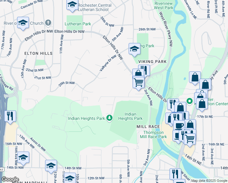 map of restaurants, bars, coffee shops, grocery stores, and more near 607 19th Street Northwest in Rochester