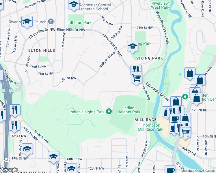 map of restaurants, bars, coffee shops, grocery stores, and more near 805 Woodgate Lane Northwest in Rochester