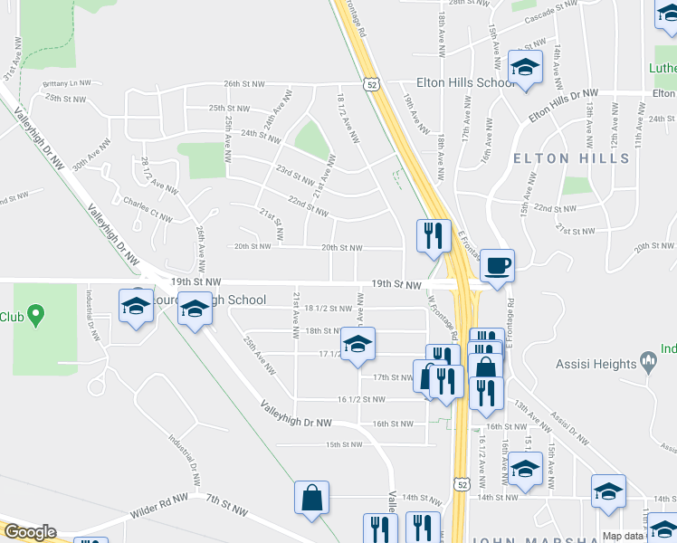 map of restaurants, bars, coffee shops, grocery stores, and more near 1929 19th Avenue Northwest in Rochester