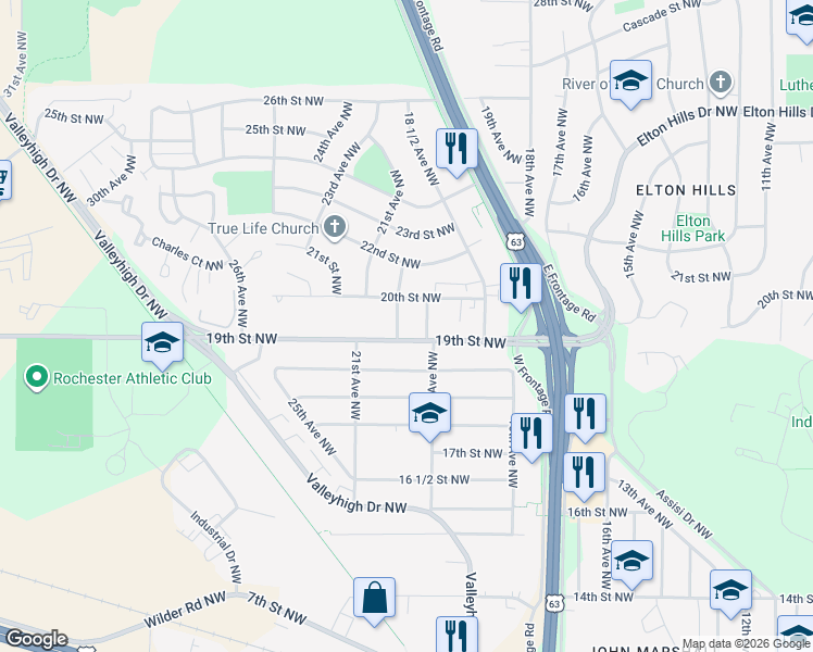 map of restaurants, bars, coffee shops, grocery stores, and more near 1908 20th Avenue Northwest in Rochester