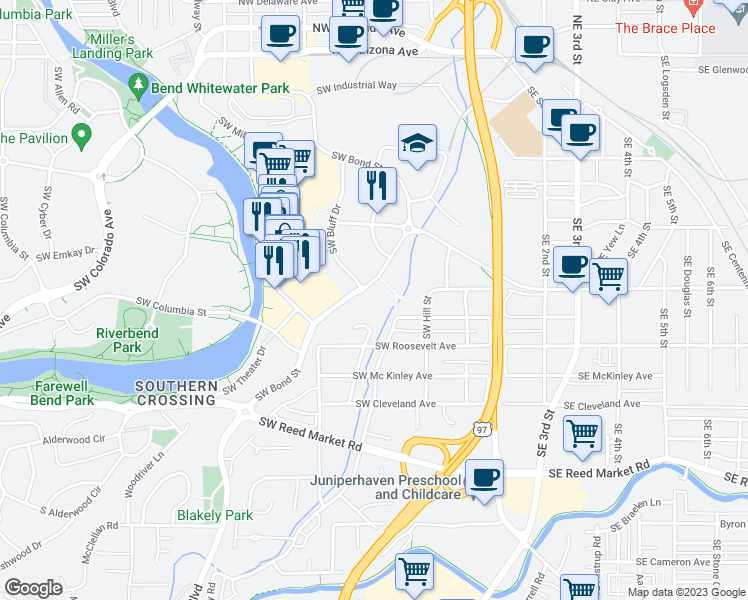 map of restaurants, bars, coffee shops, grocery stores, and more near 550 Southwest Bond Street in Bend