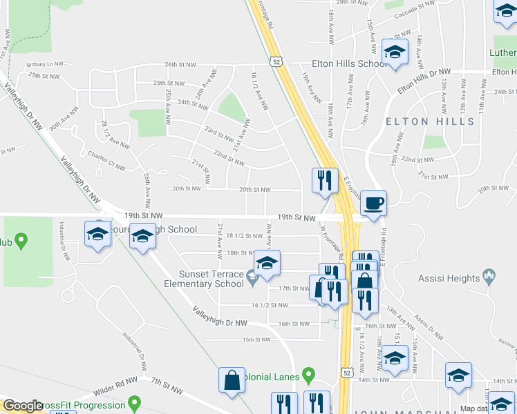 map of restaurants, bars, coffee shops, grocery stores, and more near 1909 19th Avenue Northwest in Rochester