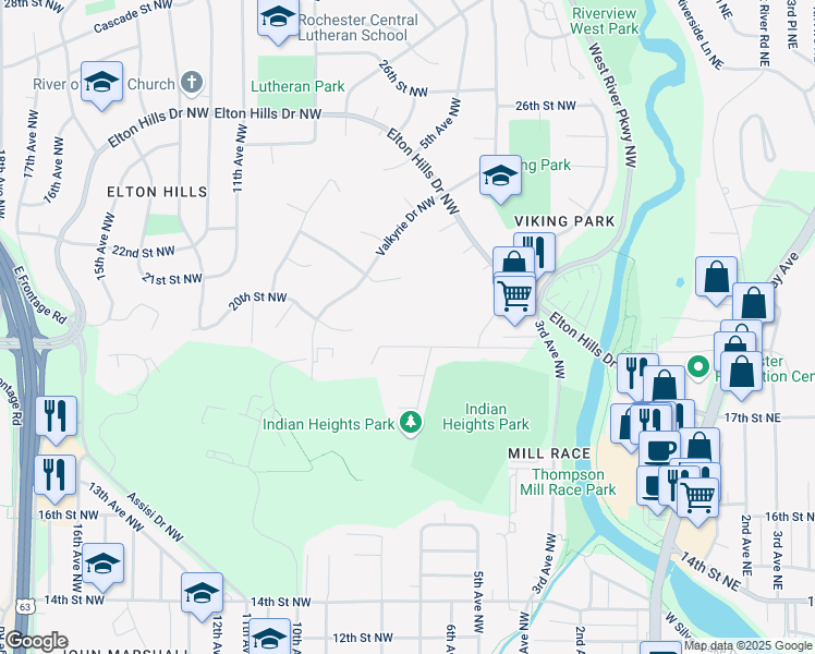 map of restaurants, bars, coffee shops, grocery stores, and more near 805 Woodgate Lane Northwest in Rochester