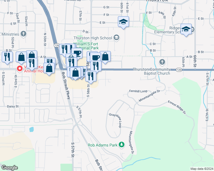 map of restaurants, bars, coffee shops, grocery stores, and more near 249 South 59th Street in Springfield