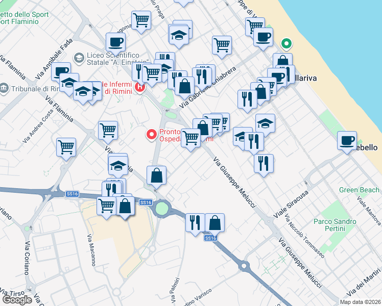 map of restaurants, bars, coffee shops, grocery stores, and more near 38 Viale delle Rimembranze in Rimini