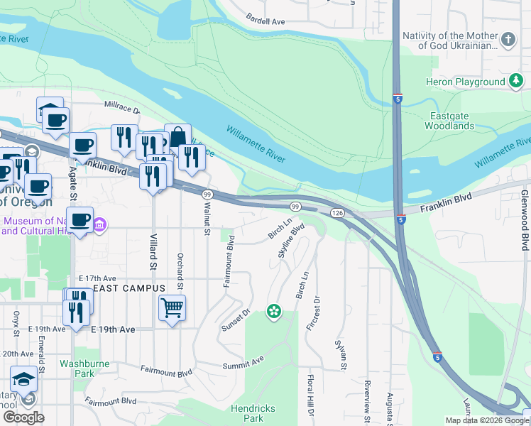 map of restaurants, bars, coffee shops, grocery stores, and more near 2305 East 15th Avenue in Eugene
