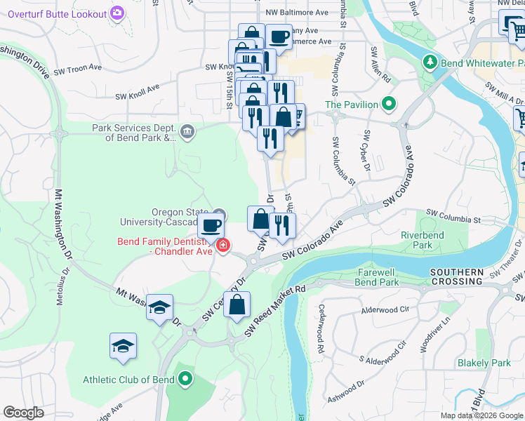 map of restaurants, bars, coffee shops, grocery stores, and more near 515 Southwest Century Drive in Bend