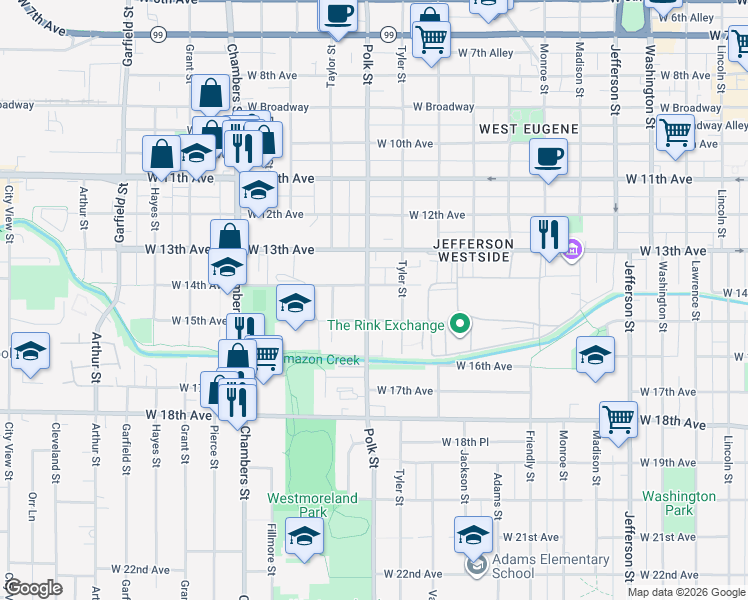 map of restaurants, bars, coffee shops, grocery stores, and more near 1435 Polk Street in Eugene