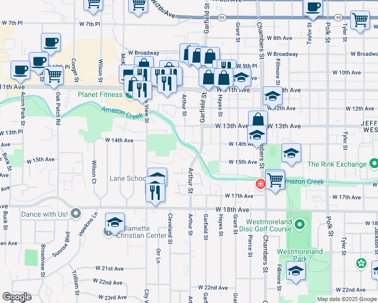 map of restaurants, bars, coffee shops, grocery stores, and more near 1387 Arthur Street in Eugene