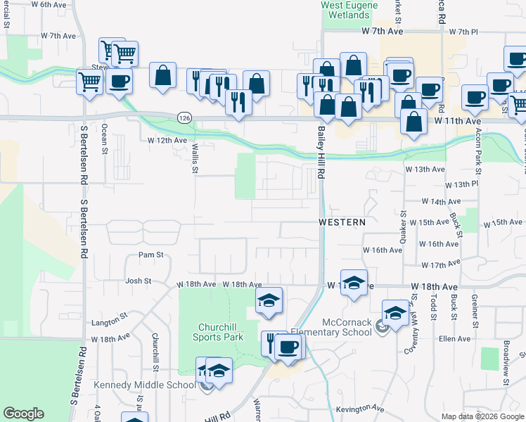 map of restaurants, bars, coffee shops, grocery stores, and more near 3688 Phantom Way in Eugene