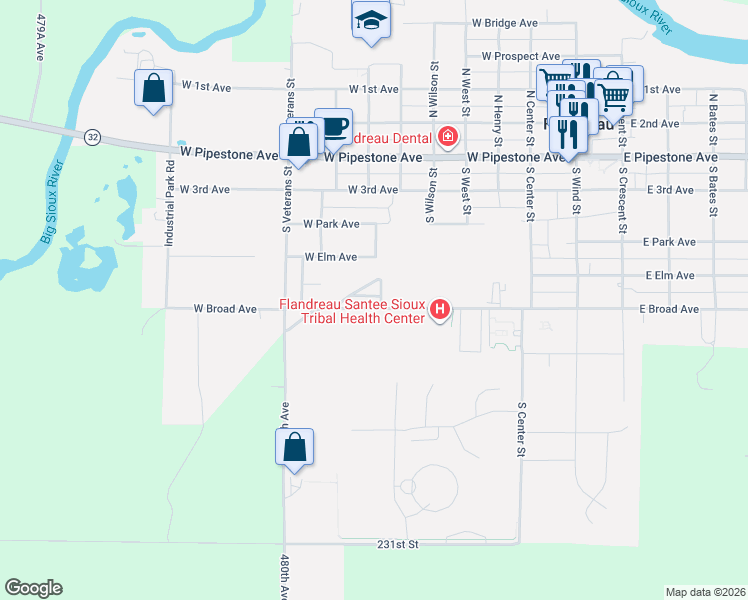 map of restaurants, bars, coffee shops, grocery stores, and more near 500-658 Cedar Dr in Flandreau