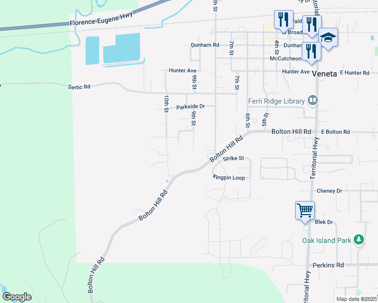map of restaurants, bars, coffee shops, grocery stores, and more near 87953 Sherwood Street in Veneta
