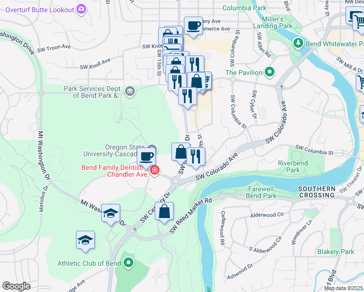map of restaurants, bars, coffee shops, grocery stores, and more near 515 Southwest Century Drive in Bend