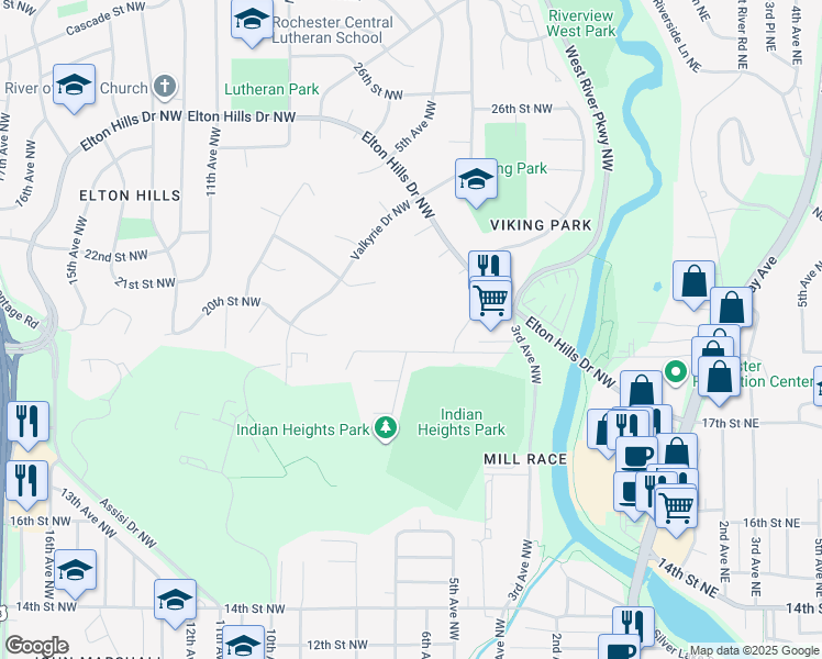 map of restaurants, bars, coffee shops, grocery stores, and more near 607 19th Street Northwest in Rochester