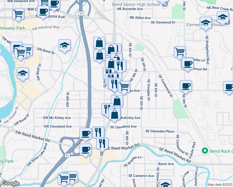 map of restaurants, bars, coffee shops, grocery stores, and more near 530 Southeast 3rd Street in Bend