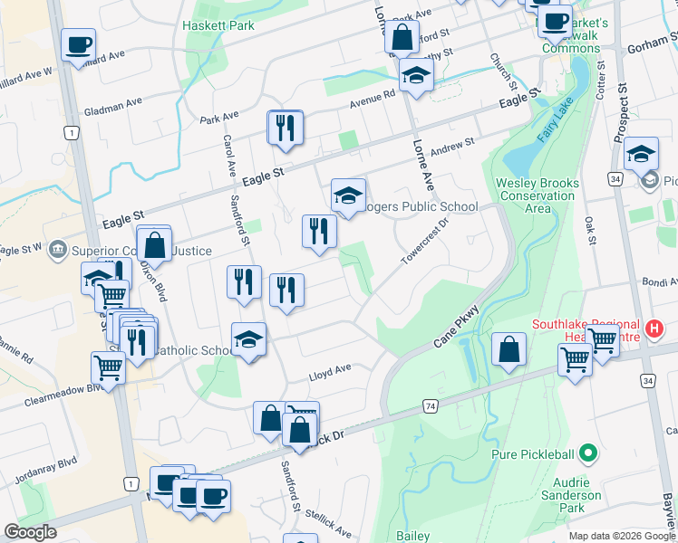 map of restaurants, bars, coffee shops, grocery stores, and more near 246 Hodgson Drive in Newmarket