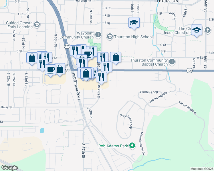 map of restaurants, bars, coffee shops, grocery stores, and more near 5815 Aster Street in Springfield