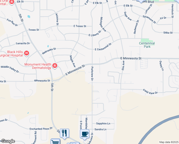map of restaurants, bars, coffee shops, grocery stores, and more near 4116 Parkview Drive in Rapid City