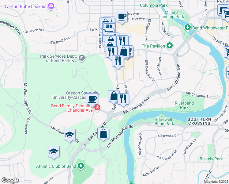 map of restaurants, bars, coffee shops, grocery stores, and more near 515 Southwest Century Drive in Bend
