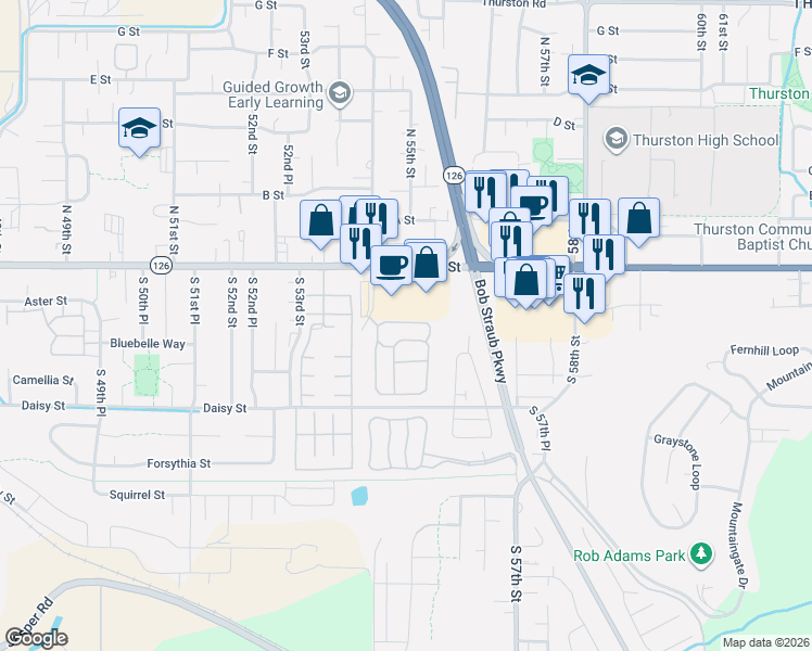 map of restaurants, bars, coffee shops, grocery stores, and more near 101-199 S 54th St in Springfield
