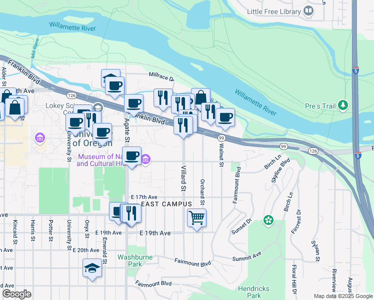 map of restaurants, bars, coffee shops, grocery stores, and more near 1401 Villard Street in Eugene