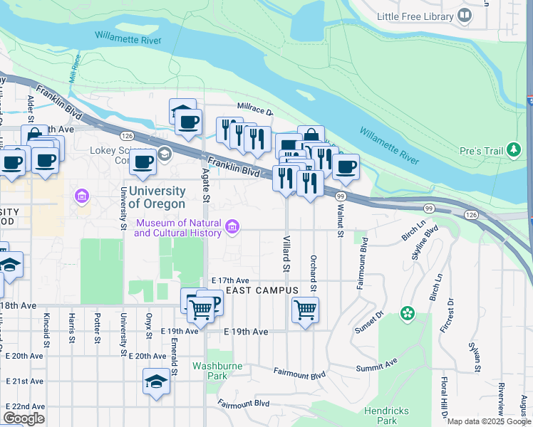 map of restaurants, bars, coffee shops, grocery stores, and more near 1380 Villard Street in Eugene