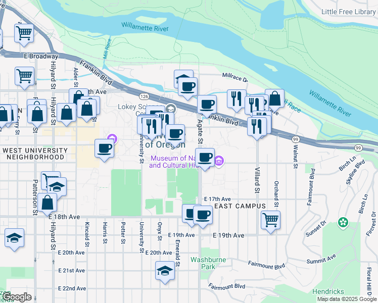 map of restaurants, bars, coffee shops, grocery stores, and more near 1412 Agate Street in Eugene