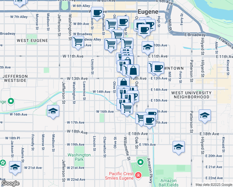 map of restaurants, bars, coffee shops, grocery stores, and more near 1376 Olive Street in Eugene