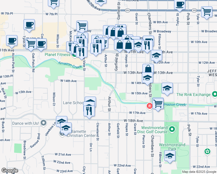map of restaurants, bars, coffee shops, grocery stores, and more near 1387 Arthur Street in Eugene