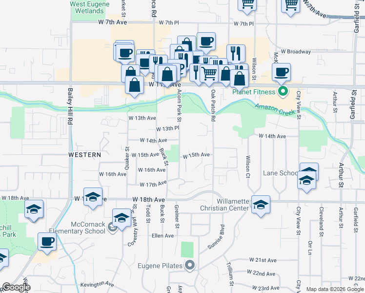 map of restaurants, bars, coffee shops, grocery stores, and more near 1387 Acorn Park Street in Eugene