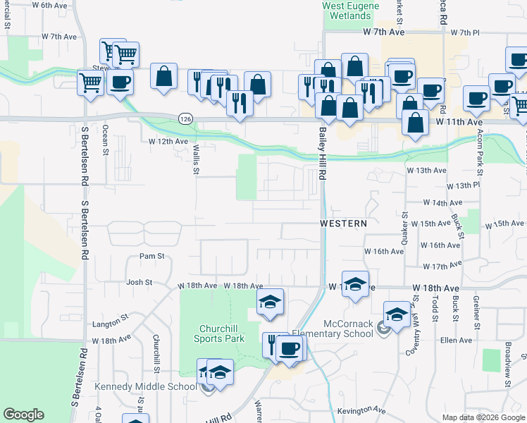 map of restaurants, bars, coffee shops, grocery stores, and more near 3688 Phantom Way in Eugene