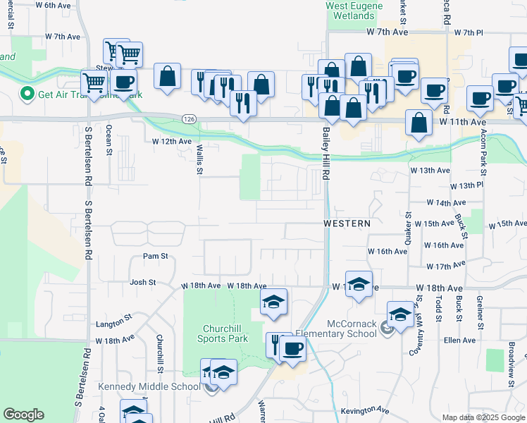 map of restaurants, bars, coffee shops, grocery stores, and more near 3688 Phantom Way in Eugene