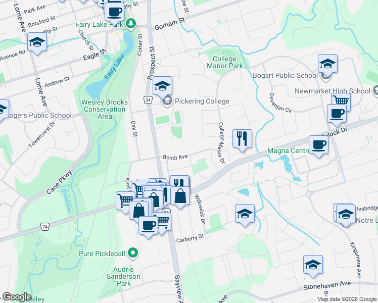 map of restaurants, bars, coffee shops, grocery stores, and more near 575 Bondi Avenue in Newmarket