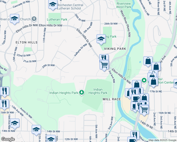 map of restaurants, bars, coffee shops, grocery stores, and more near 607 19th Street Northwest in Rochester