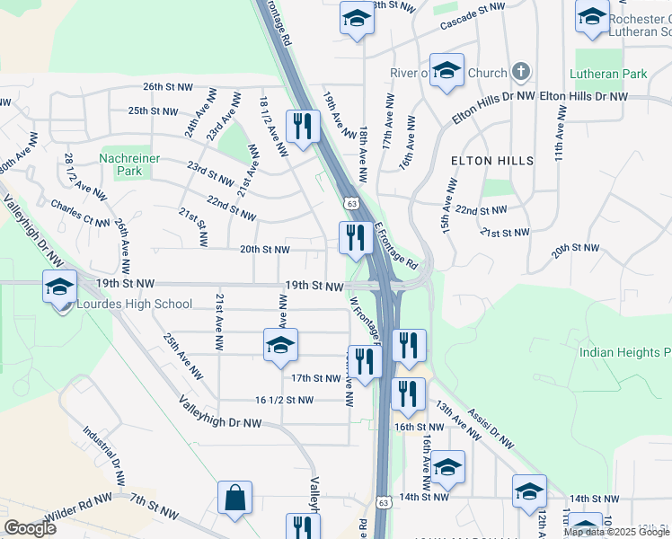 map of restaurants, bars, coffee shops, grocery stores, and more near 1930 18 1/2 Avenue Northwest in Rochester