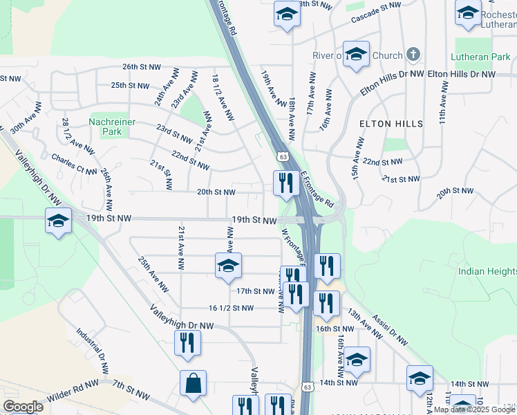map of restaurants, bars, coffee shops, grocery stores, and more near 1860 20th Street Northwest in Rochester